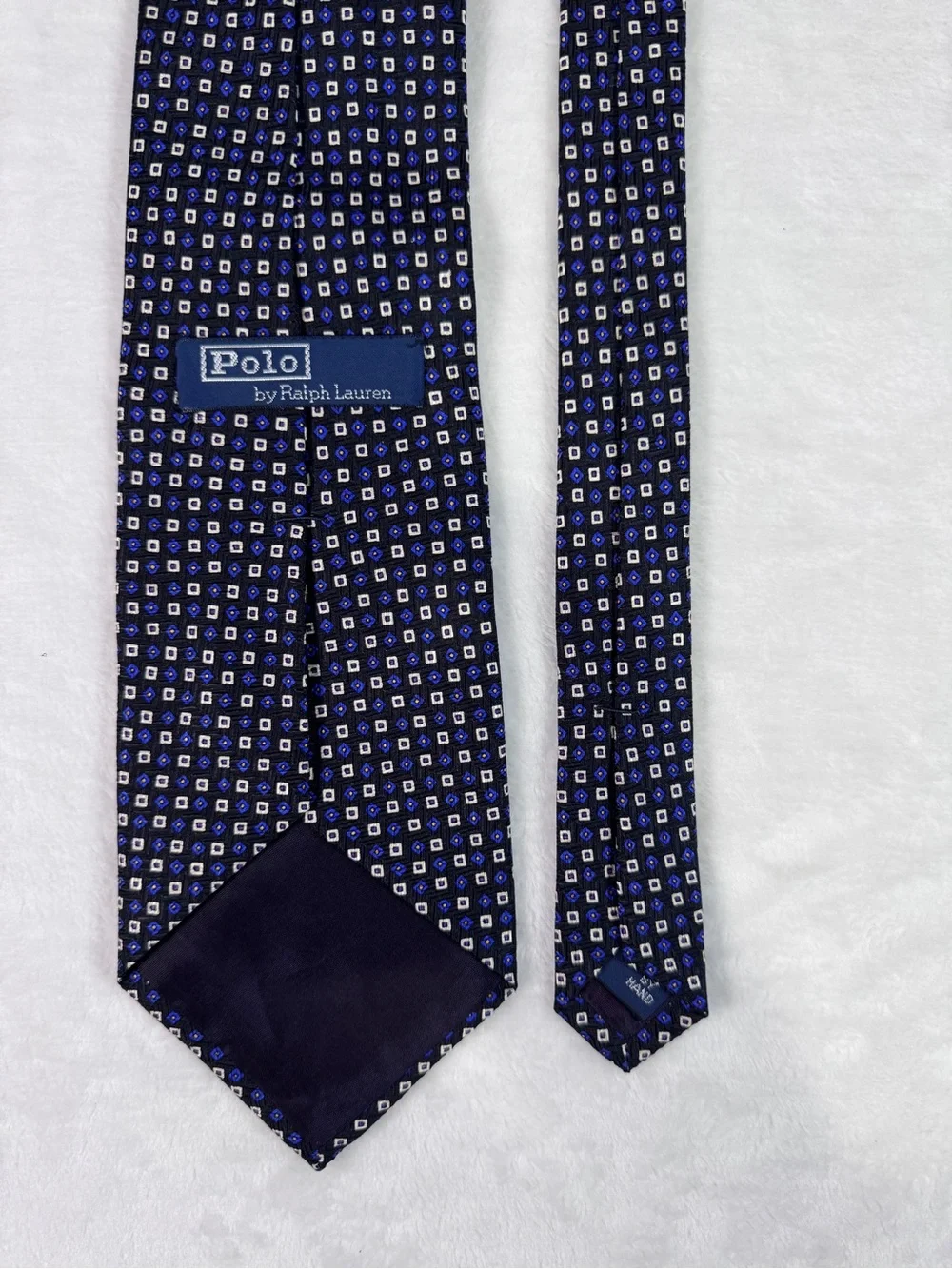 Polo Ralph Lauren Handmade Silk Necktie Blue Geometric Print Classic Tie